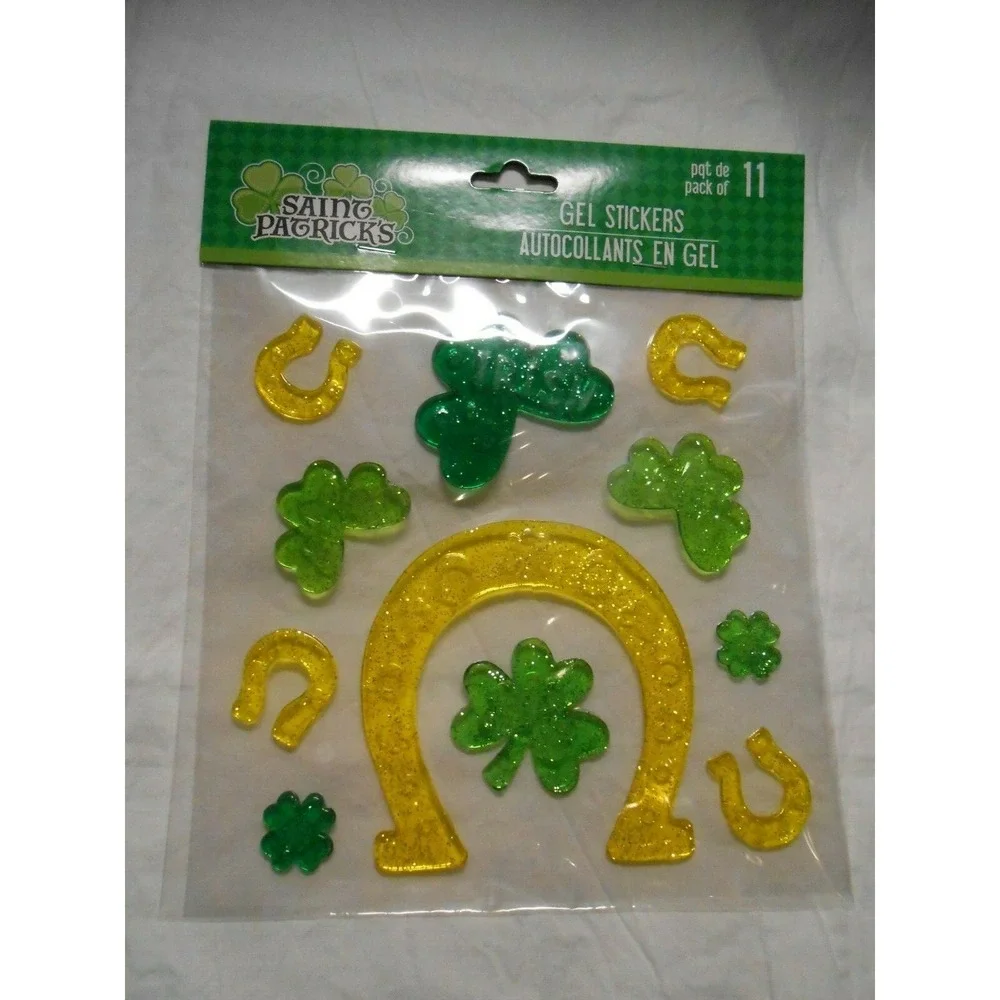 NEW St Patrick's Day Irish‎ Lucky Horseshoes Shamrock Window Gel Clings 11 ct!!!